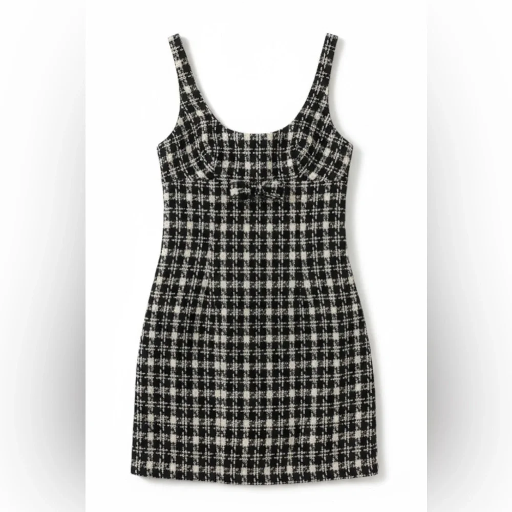 Urban Outfitters Black & White Mini Dress UO Lily Check Tweed Print Form Fitting - Picture 2 of 9
